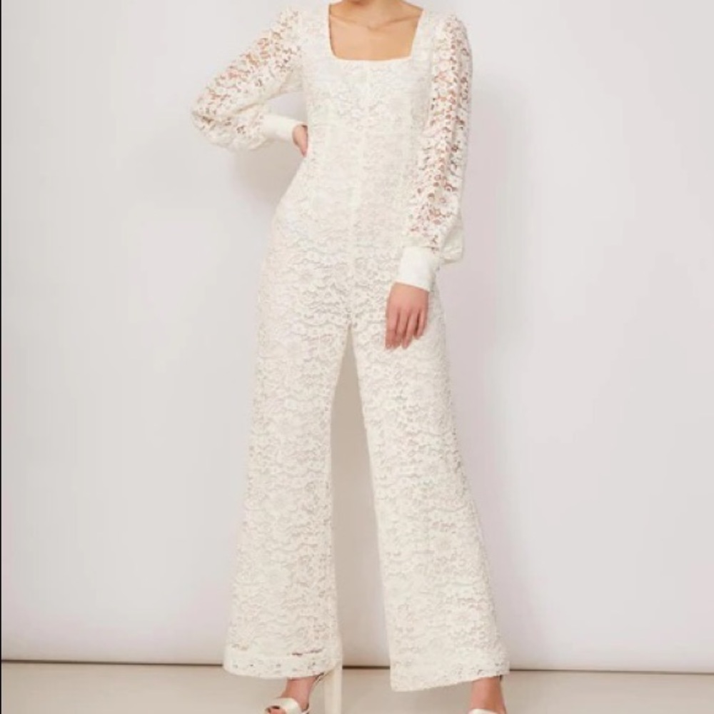 Long Sleeve White Lace Jumpsuit with Pearl Details